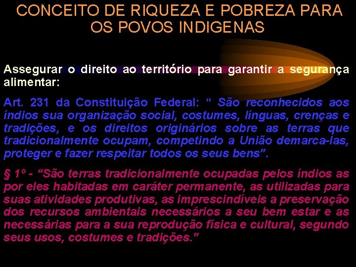 CONCEITO DE RIQUEZA E POBREZA PARA OS POVOS INDIGENAS Assegurar o direito ao território