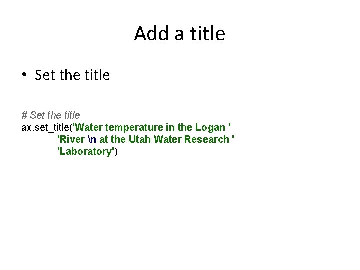 Add a title • Set the title # Set the title ax. set_title('Water temperature