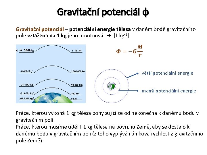 Gravitační potenciál ɸ Gravitační potenciál – potenciální energie tělesa v daném bodě gravitačního pole