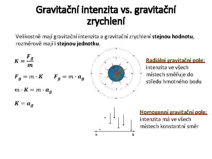Gravitační intenzita vs. gravitační zrychlení Velikostně mají gravitační intenzita a gravitační zrychlení stejnou hodnotu,