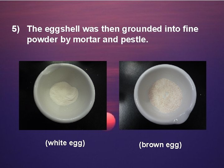 5) The eggshell was then grounded into fine powder by mortar and pestle. (white