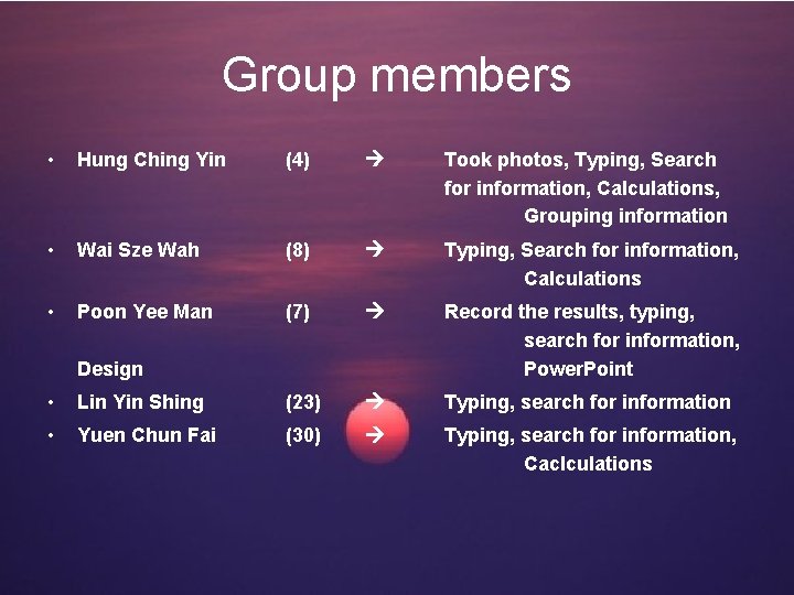 Group members • Hung Ching Yin (4) Took photos, Typing, Search for information, Calculations,