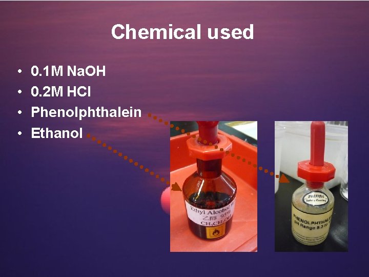 Chemical used • • 0. 1 M Na. OH 0. 2 M HCl Phenolphthalein
