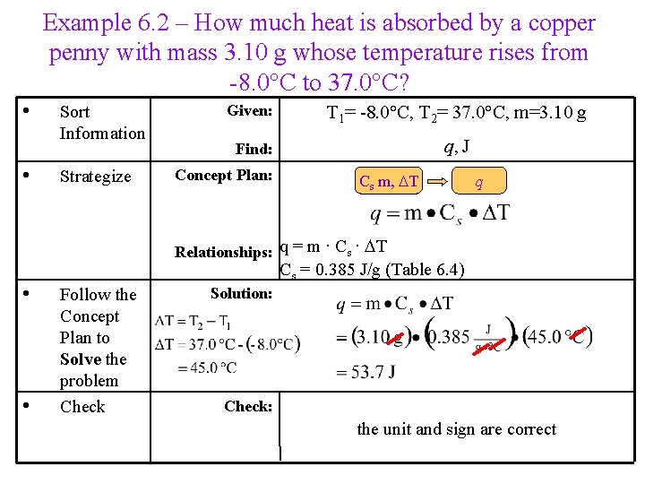 Example 6. 2 – How much heat is absorbed by a copper penny with