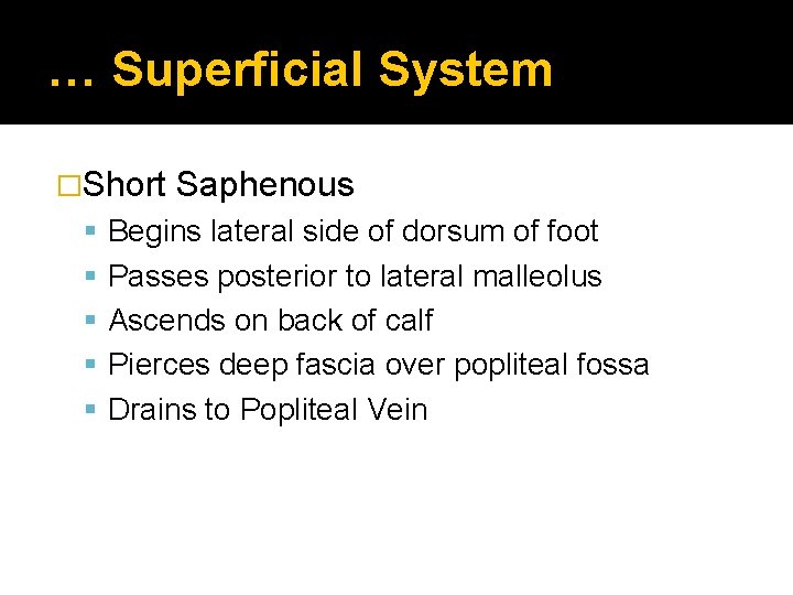 … Superficial System �Short Saphenous Begins lateral side of dorsum of foot Passes posterior