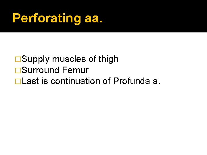 Perforating aa. �Supply muscles of thigh �Surround Femur �Last is continuation of Profunda a.