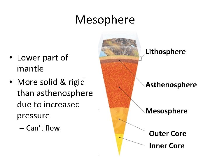 Mesophere • Lower part of mantle • More solid & rigid than asthenosphere due