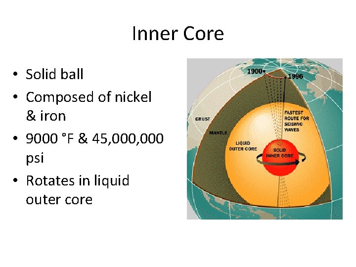 Inner Core • Solid ball • Composed of nickel & iron • 9000 °F