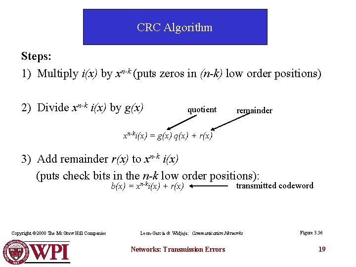 CRC Algorithm Steps: 1) Multiply i(x) by xn-k (puts zeros in (n-k) low order