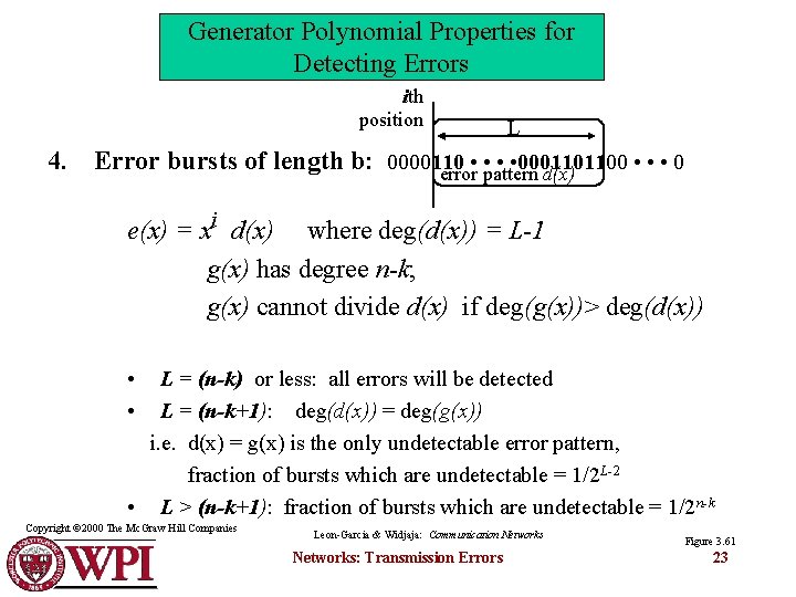 Generator Polynomial Properties for Detecting Errors ith position L 4. Error bursts of length