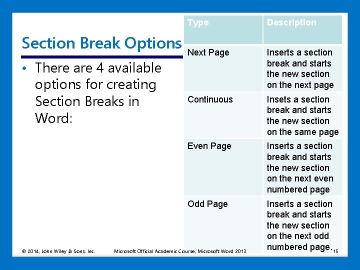 Type Section Break Options Next Page • There are 4 available options for creating Type Section Break Options Next Page • There are 4 available options for creating