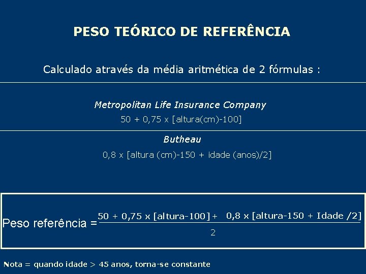 PESO TEÓRICO DE REFERÊNCIA Calculado através da média aritmética de 2 fórmulas : Metropolitan