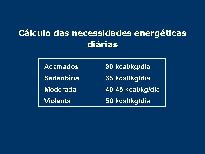 Cálculo das necessidades energéticas diárias Acamados 30 kcal/kg/dia Sedentária 35 kcal/kg/dia Moderada 40 -45