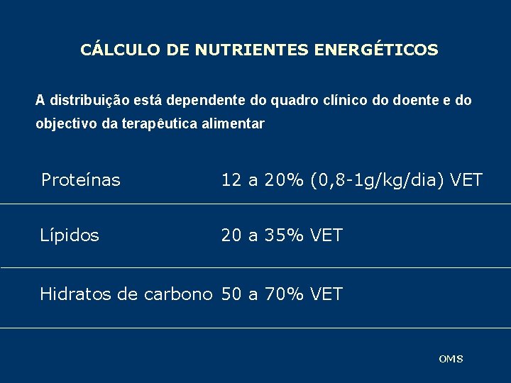 CÁLCULO DE NUTRIENTES ENERGÉTICOS A distribuição está dependente do quadro clínico do doente e