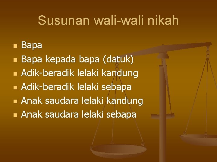 Susunan wali-wali nikah n n n Bapa kepada bapa (datuk) Adik-beradik lelaki kandung Adik-beradik