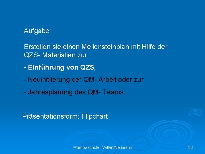 Aufgabe: Erstellen sie einen Meilensteinplan mit Hilfe der QZS- Materialien zur - Einführung von