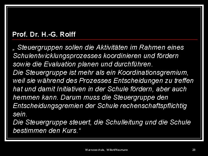 Prof. Dr. H. -G. Rolff „ Steuergruppen sollen die Aktivitäten im Rahmen eines Schulentwicklungsprozesses