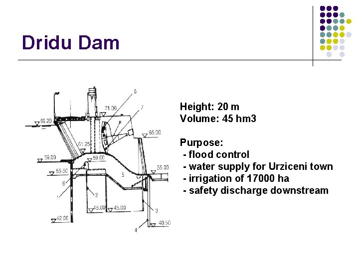 Dridu Dam Height: 20 m Volume: 45 hm 3 Purpose: - flood control - Dridu Dam Height: 20 m Volume: 45 hm 3 Purpose: - flood control -