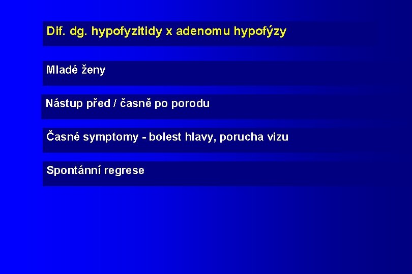 Dif. dg. hypofyzitidy x adenomu hypofýzy Mladé ženy Nástup před / časně po porodu