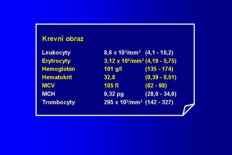 Krevní obraz Leukocyty Erytrocyty Hemoglobin Hematokrit MCV MCH Trombocyty 8, 6 x 103/mm 3