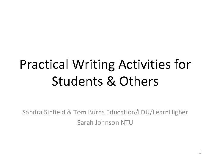 Practical Writing Activities for Students & Others Sandra Sinfield & Tom Burns Education/LDU/Learn. Higher