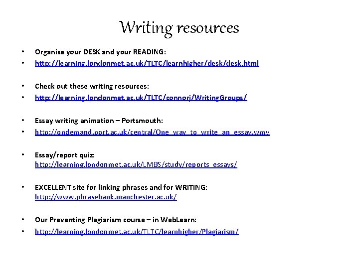 Writing resources • • Organise your DESK and your READING: http: //learning. londonmet. ac.