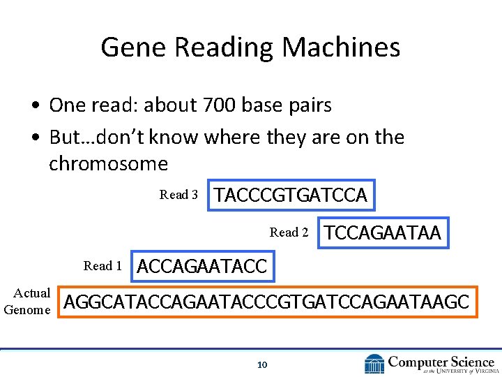 Gene Reading Machines • One read: about 700 base pairs • But…don’t know where Gene Reading Machines • One read: about 700 base pairs • But…don’t know where