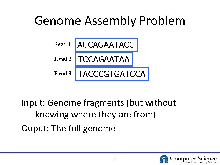 Genome Assembly Problem Read 1 ACCAGAATACC Read 2 TCCAGAATAA Read 3 TACCCGTGATCCA Input: Genome Genome Assembly Problem Read 1 ACCAGAATACC Read 2 TCCAGAATAA Read 3 TACCCGTGATCCA Input: Genome