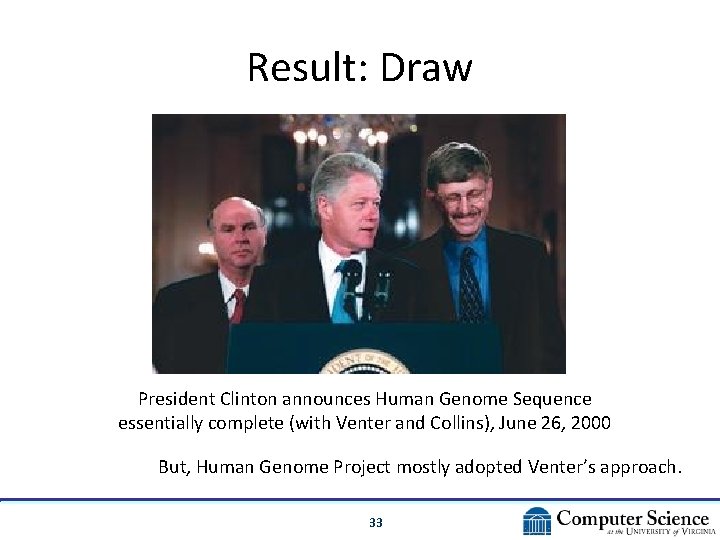 Result: Draw President Clinton announces Human Genome Sequence essentially complete (with Venter and Collins), Result: Draw President Clinton announces Human Genome Sequence essentially complete (with Venter and Collins),