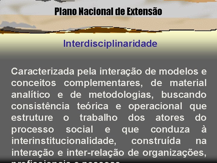 Plano Nacional de Extensão Interdisciplinaridade Caracterizada pela interação de modelos e conceitos complementares, de