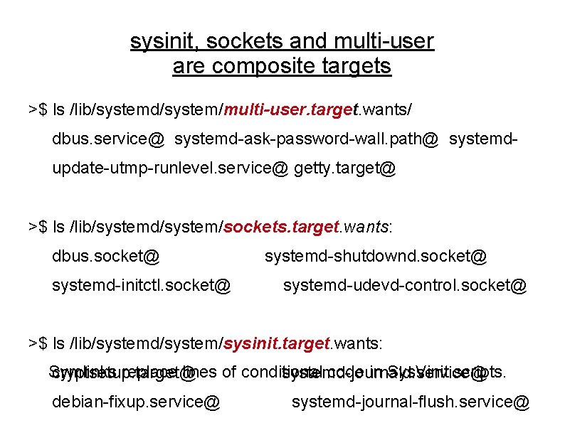 sysinit, sockets and multi-user are composite targets >$ ls /lib/systemd/system/multi-user. target. wants/ dbus. service@ sysinit, sockets and multi-user are composite targets >$ ls /lib/systemd/system/multi-user. target. wants/ dbus. service@