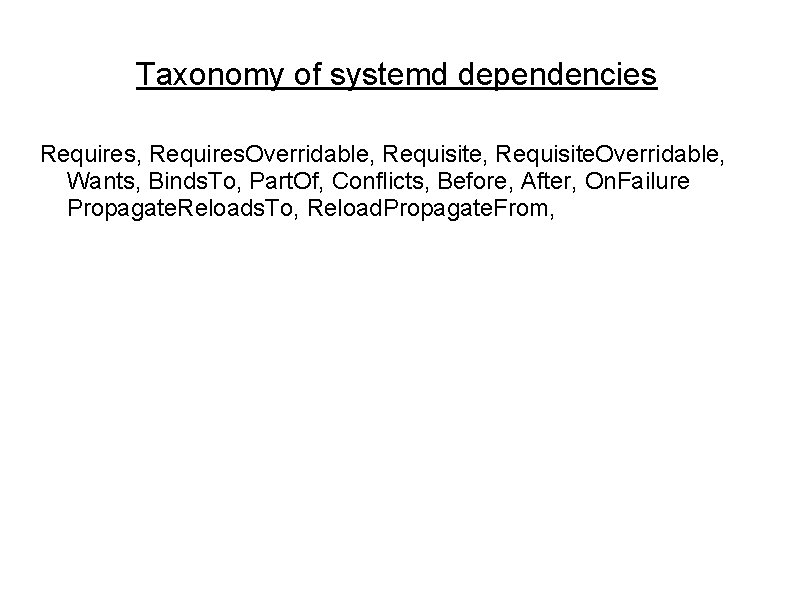 Taxonomy of systemd dependencies Requires, Requires. Overridable, Requisite. Overridable, Wants, Binds. To, Part. Of, Taxonomy of systemd dependencies Requires, Requires. Overridable, Requisite. Overridable, Wants, Binds. To, Part. Of,