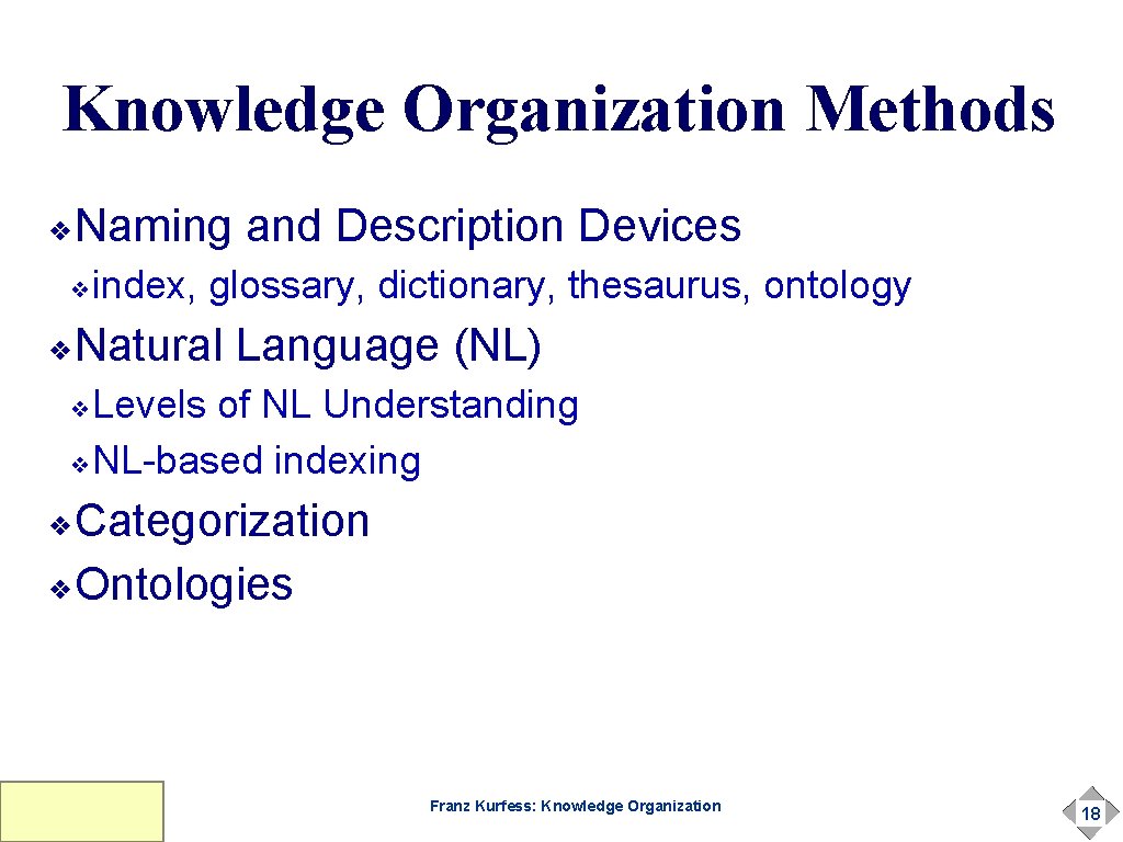 Knowledge Organization Methods Naming and Description Devices ❖ index, glossary, dictionary, thesaurus, ontology ❖ Knowledge Organization Methods Naming and Description Devices ❖ index, glossary, dictionary, thesaurus, ontology ❖