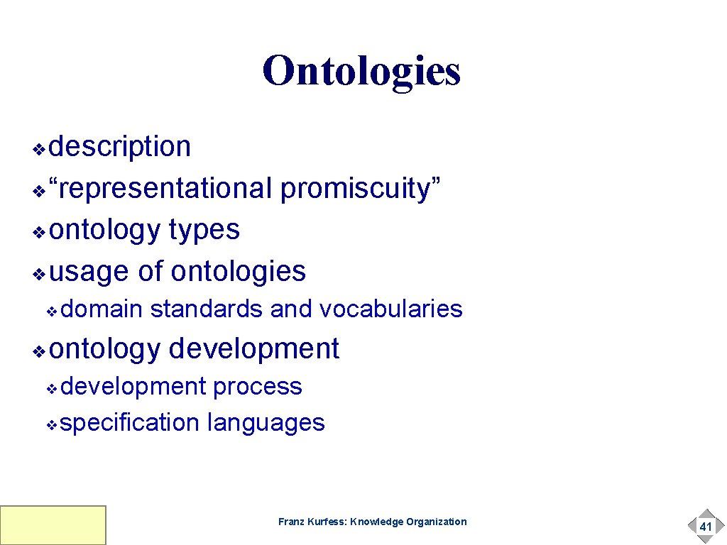 Ontologies description ❖“representational promiscuity” ❖ontology types ❖usage of ontologies ❖ domain standards and vocabularies Ontologies description ❖“representational promiscuity” ❖ontology types ❖usage of ontologies ❖ domain standards and vocabularies