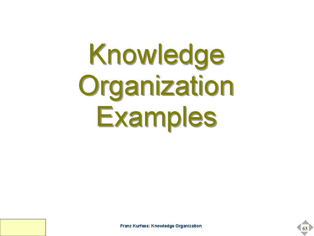Knowledge Organization Examples Franz Kurfess: Knowledge Organization 63 Knowledge Organization Examples Franz Kurfess: Knowledge Organization 63