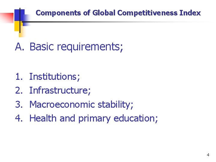 Components of Global Competitiveness Index A. Basic requirements; 1. 2. 3. 4. Institutions; Infrastructure;