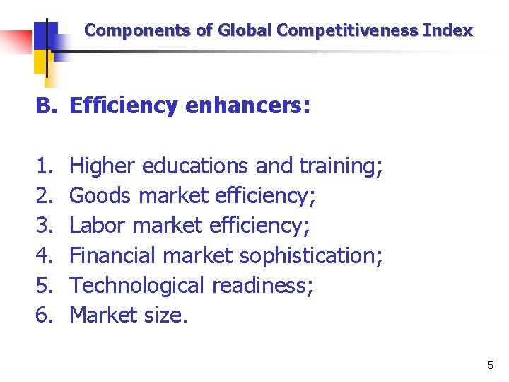 Components of Global Competitiveness Index B. Efficiency enhancers: 1. 2. 3. 4. 5. 6.