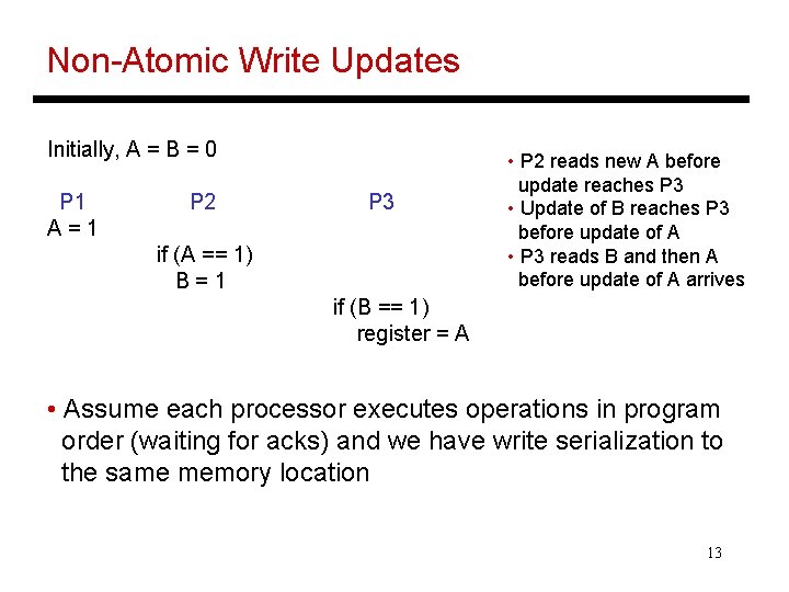 Non-Atomic Write Updates Initially, A = B = 0 P 1 A=1 P 2