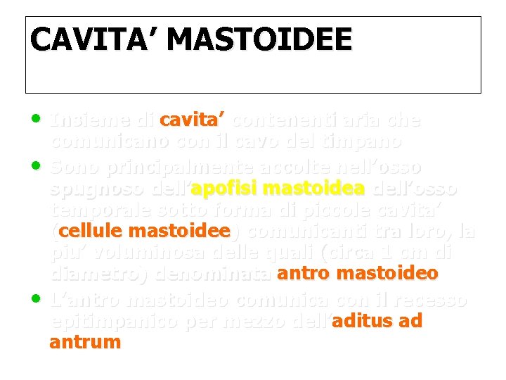 CAVITA’ MASTOIDEE • Insieme di cavita’ contenenti aria che • • comunicano con il