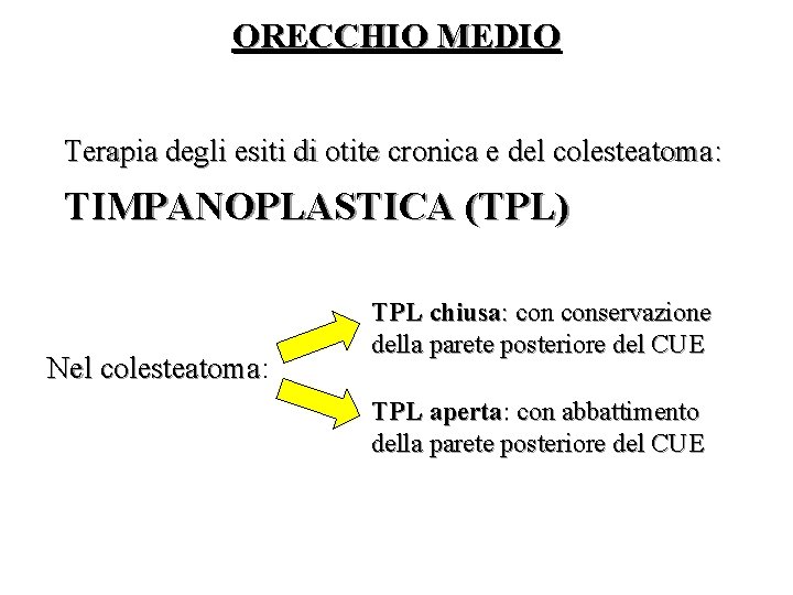 ORECCHIO MEDIO Terapia degli esiti di otite cronica e del colesteatoma: TIMPANOPLASTICA (TPL) Nel