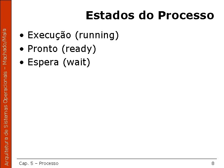 Arquitetura de Sistemas Operacionais – Machado/Maia Estados do Processo • Execução (running) • Pronto