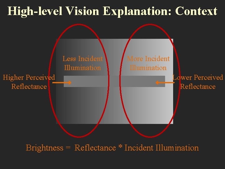 High-level Vision Explanation: Context Less Incident Illumination Higher Perceived Reflectance More Incident Illumination Lower