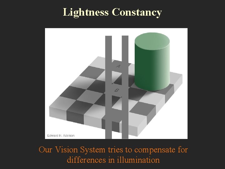 Lightness Constancy Our Vision System tries to compensate for differences in illumination 