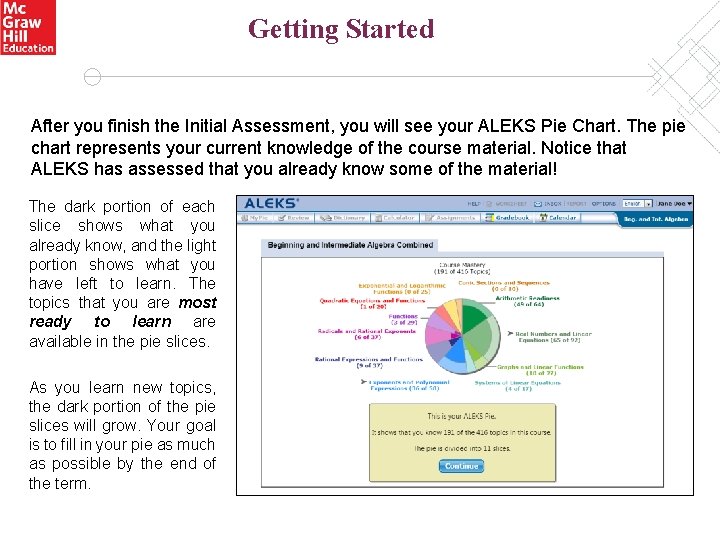 Getting Started After you finish the Initial Assessment, you will see your ALEKS Pie