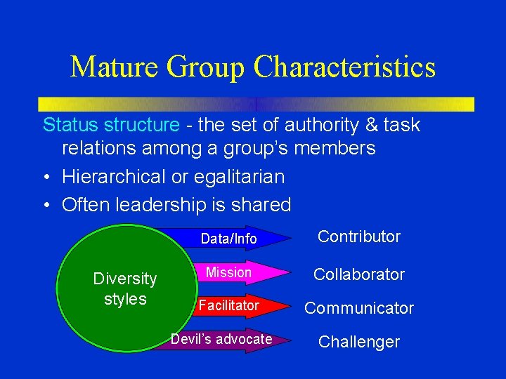 Mature Group Characteristics Status structure - the set of authority & task relations among