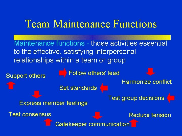 Team Maintenance Functions Maintenance functions - those activities essential to the effective, satisfying interpersonal