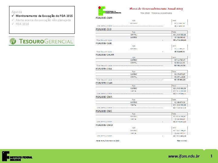 Agenda ü Monitoramento da Execução do PDA 2015 ü Alerta acerca da execução não