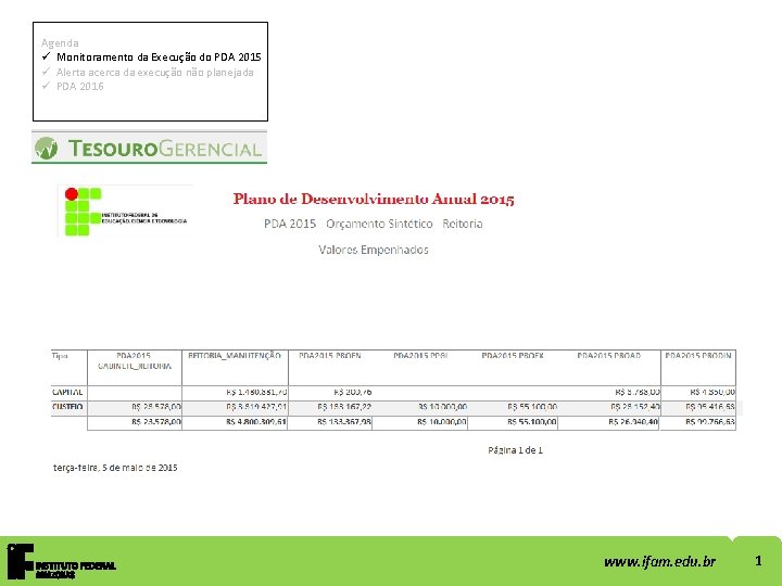 Agenda ü Monitoramento da Execução do PDA 2015 ü Alerta acerca da execução não
