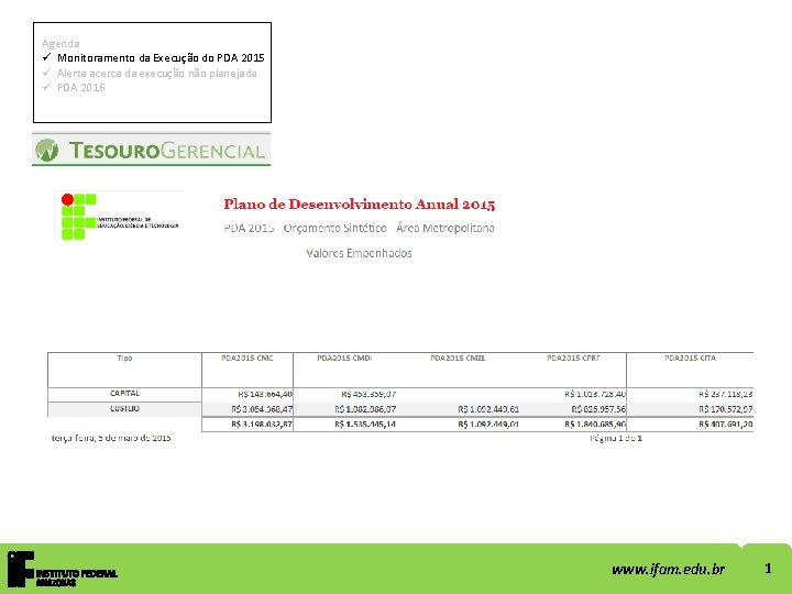 Agenda ü Monitoramento da Execução do PDA 2015 ü Alerta acerca da execução não