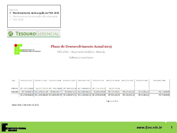Agenda ü Monitoramento da Execução do PDA 2015 ü Alerta acerca da execução não